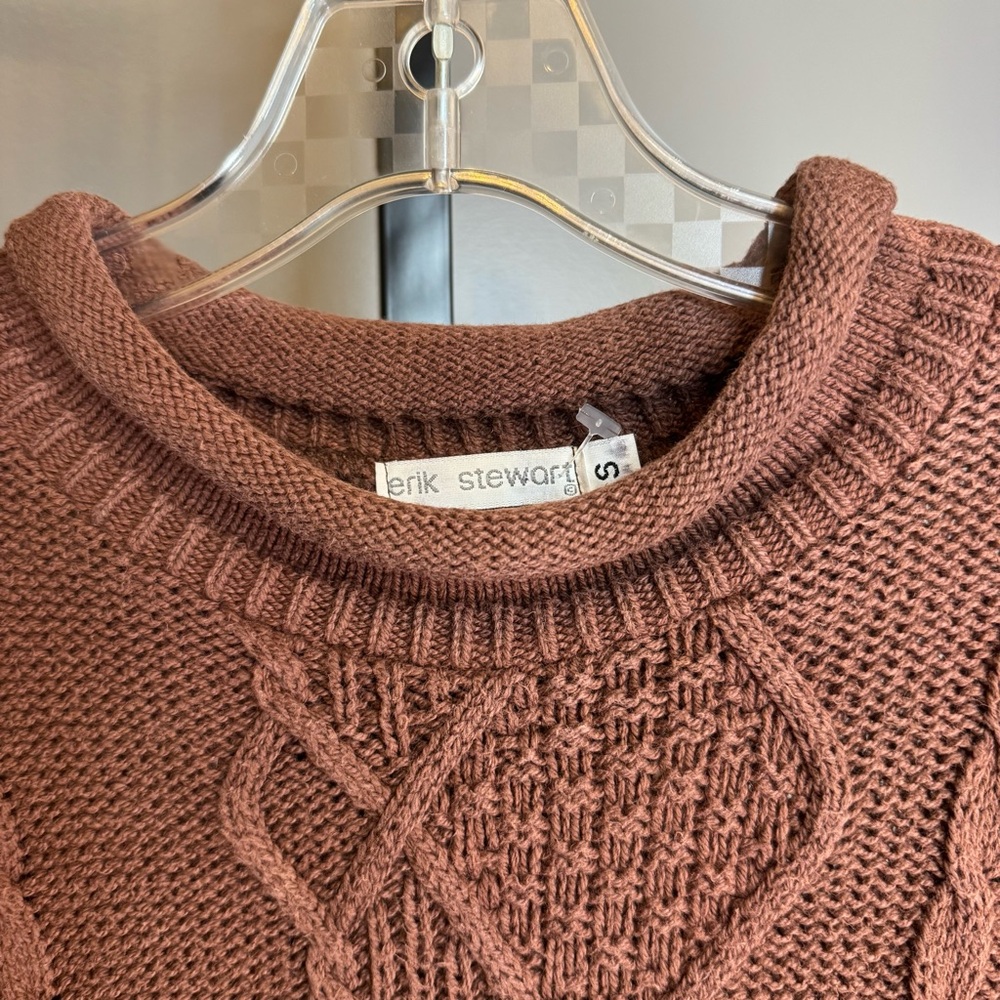 Vintage roll neck cable knit sweater 100% cotton brown Erik Stewart Small - Picture 11 of 11
